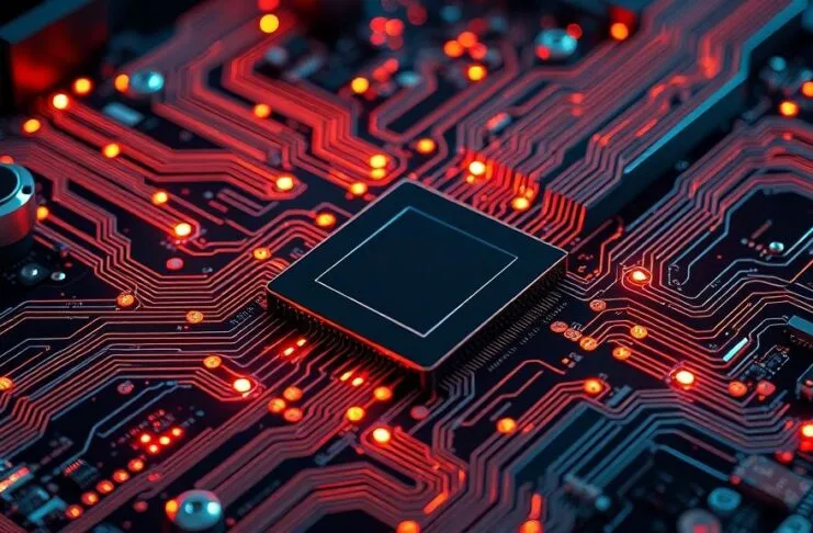 A highly detailed, futuristic illustration of a computer motherboard with glowing data pathways, symbolizing immense processing power and efficiency. Overlayed or integrated subtly within the design is the TikTok logo or an abstract representation of its underlying logic, underscoring its central role in content delivery. The aesthetic should be clean and high-tech, possibly with a faint blue or purple glow.