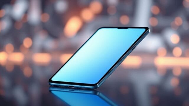 thinner durable foldable displays: Engineering the Future A highly polished, photorealistic image of a sleek, modern foldable smartphone partially folded, showcasing its ultra-thin profile and vibrant, crease-free display. The device is glowing faintly, hinting at advanced technology, set against a blurred, futuristic background with subtle abstract representations of material science and engineering, embodying the "thinner durable foldable displays" concept.