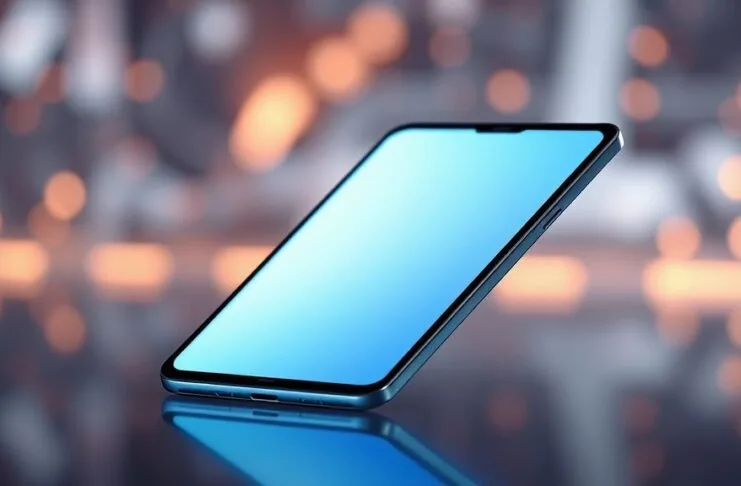 A highly polished, photorealistic image of a sleek, modern foldable smartphone partially folded, showcasing its ultra-thin profile and vibrant, crease-free display. The device is glowing faintly, hinting at advanced technology, set against a blurred, futuristic background with subtle abstract representations of material science and engineering, embodying the "thinner durable foldable displays" concept.