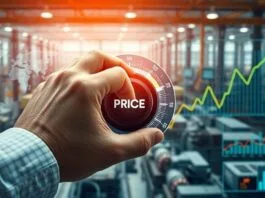 A manufacturer's hand adjusting a digital dial labeled "Price" amidst a backdrop of factories, data visualizations, and competitive market graphs. The overall scene should convey strategic control and a dynamic, modern industrial setting, illustrating manufacturer price reduction strategies.