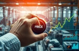 Manufacturer Price Reduction Strategies Explained A manufacturer's hand adjusting a digital dial labeled "Price" amidst a backdrop of factories, data visualizations, and competitive market graphs. The overall scene should convey strategic control and a dynamic, modern industrial setting, illustrating manufacturer price reduction strategies.