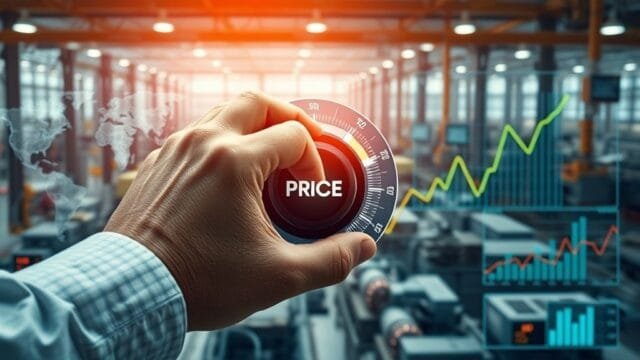 Manufacturer Price Reduction Strategies Explained A manufacturer's hand adjusting a digital dial labeled "Price" amidst a backdrop of factories, data visualizations, and competitive market graphs. The overall scene should convey strategic control and a dynamic, modern industrial setting, illustrating manufacturer price reduction strategies.