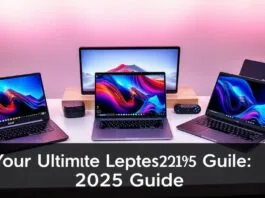 A modern, sleek workstation featuring multiple high-end laptops of various brands (Apple, Dell, Microsoft, Asus) arranged elegantly on a clean desk, bathed in soft, futuristic lighting. A prominent, subtly integrated graphic overlay reads 'Your Ultimate Best Laptops 2025 Guide'. The laptops display vibrant screens with futuristic interfaces. Photorealistic, high-resolution.