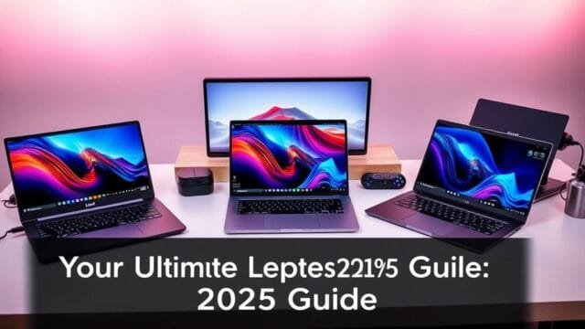 Best Laptops 2025 Guide: Top Picks & Buying Advice A modern, sleek workstation featuring multiple high-end laptops of various brands (Apple, Dell, Microsoft, Asus) arranged elegantly on a clean desk, bathed in soft, futuristic lighting. A prominent, subtly integrated graphic overlay reads 'Your Ultimate Best Laptops 2025 Guide'. The laptops display vibrant screens with futuristic interfaces. Photorealistic, high-resolution.