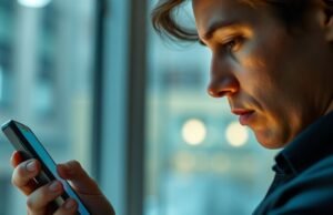 crafting effective product stories: boost sales A person looking thoughtfully at a smartphone, displaying a compelling product advertisement with a narrative theme, showcasing product narrative development.