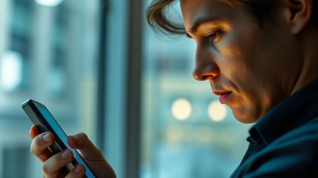 crafting effective product stories: boost sales A person looking thoughtfully at a smartphone, displaying a compelling product advertisement with a narrative theme, showcasing product narrative development.