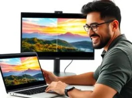 A professional photographer smiling while looking at a laptop screen displaying a visually striking before-and-after comparison of a landscape photo, clearly enhanced by AI tools. The "after" image shows vibrant colors, sharp details, and perfect composition, embodying the transformative AI photography tools benefits. The setting is a modern, clean studio.