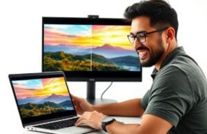 AI Photography Tools Benefits: Master Enhancements A professional photographer smiling while looking at a laptop screen displaying a visually striking before-and-after comparison of a landscape photo, clearly enhanced by AI tools. The "after" image shows vibrant colors, sharp details, and perfect composition, embodying the transformative AI photography tools benefits. The setting is a modern, clean studio.