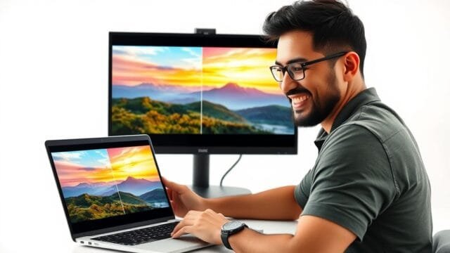 AI Photography Tools Benefits: Master Enhancements A professional photographer smiling while looking at a laptop screen displaying a visually striking before-and-after comparison of a landscape photo, clearly enhanced by AI tools. The "after" image shows vibrant colors, sharp details, and perfect composition, embodying the transformative AI photography tools benefits. The setting is a modern, clean studio.