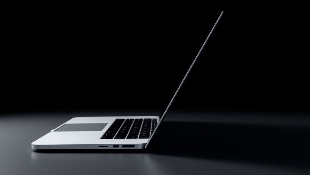 A side-profile view of a conceptual 2026 MacBook Pro, emphasizing its rumored ultra-thin chassis and sleek, minimalist design, hinting at key 2026 MacBook Pro OLED features.