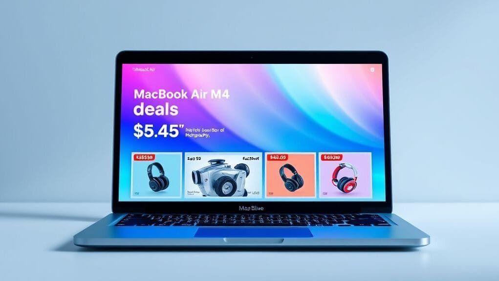 A sleek 13-inch MacBook Air M4 in Sky Blue, open and displaying a vibrant screen, highlighting current **MacBook Air M4 deals** with dollar signs and sale tags.