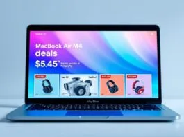 A sleek 13-inch MacBook Air M4 in Sky Blue, open and displaying a vibrant screen, highlighting current **MacBook Air M4 deals** with dollar signs and sale tags.