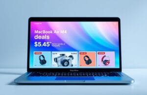 MacBook Air M4 deals: Save $200! All-Time Lows from $799 A sleek 13-inch MacBook Air M4 in Sky Blue, open and displaying a vibrant screen, highlighting current **MacBook Air M4 deals** with dollar signs and sale tags.