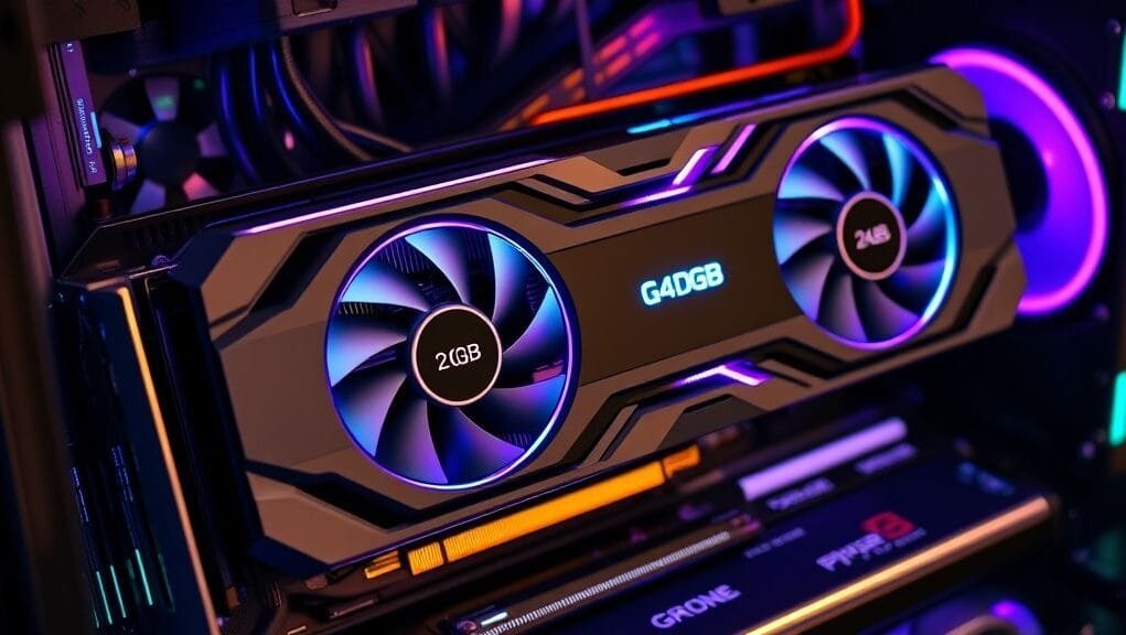 A sleek, futuristic 24GB GDDR7 Super GPU, glowing with blue and purple light, integrated into a high-performance gaming PC setup, showcasing cutting-edge technology and immense power delivered by its high-speed graphics memory. A sleek, futuristic 24GB GDDR7 Super GPU, glowing with blue and purple light, integrated into a high-performance gaming PC setup, showcasing cutting-edge technology and immense power delivered by its high-speed graphics memory.
