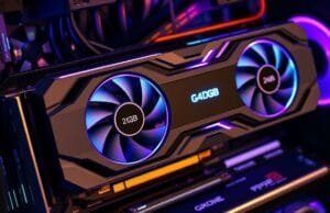 24GB GDDR7 Super GPUs: Next-Gen Memory for RTX 50-Series A sleek, futuristic 24GB GDDR7 Super GPU, glowing with blue and purple light, integrated into a high-performance gaming PC setup, showcasing cutting-edge technology and immense power delivered by its high-speed graphics memory.
