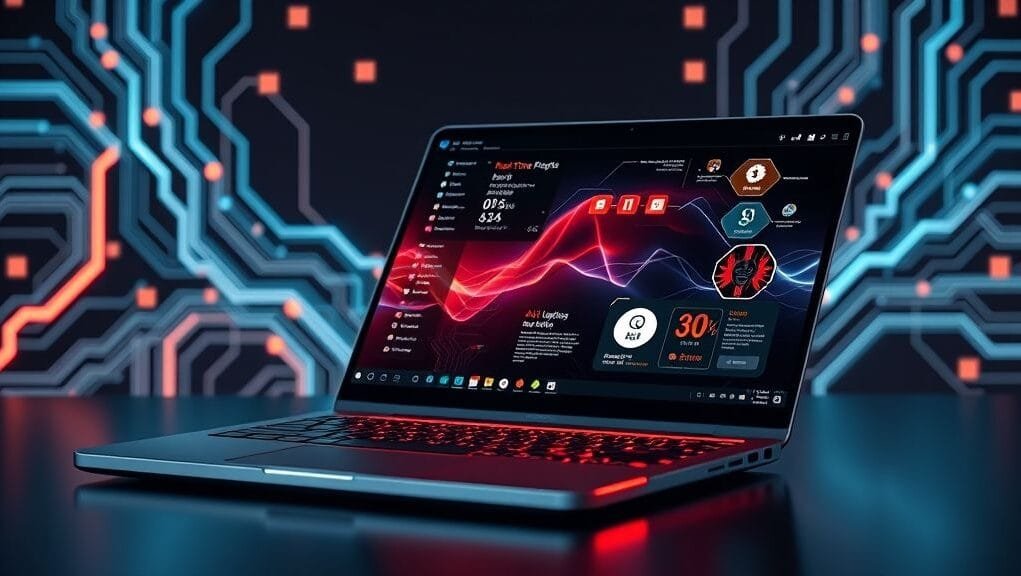 A sleek, futuristic design of one of the **best AI laptops 2025**, with glowing circuit lines symbolizing its advanced AI integration. The screen displays various AI-powered applications like real-time translation and smart photo editing.