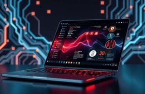 best AI laptops 2025: Unlock Tomorrow’s Smart Tech A sleek, futuristic design of one of the **best AI laptops 2025**, with glowing circuit lines symbolizing its advanced AI integration. The screen displays various AI-powered applications like real-time translation and smart photo editing.