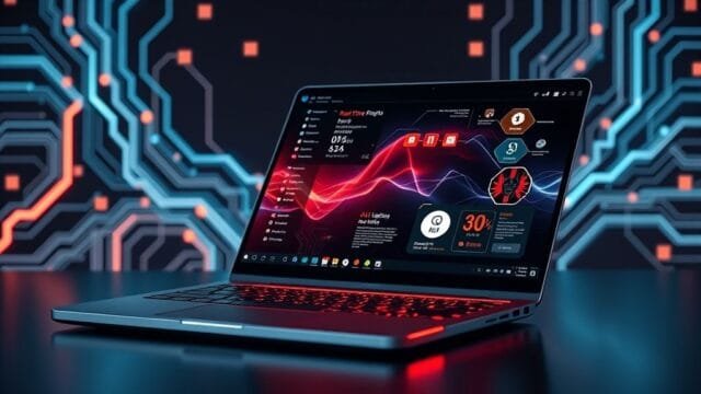 best AI laptops 2025: Unlock Tomorrow’s Smart Tech A sleek, futuristic design of one of the **best AI laptops 2025**, with glowing circuit lines symbolizing its advanced AI integration. The screen displays various AI-powered applications like real-time translation and smart photo editing.