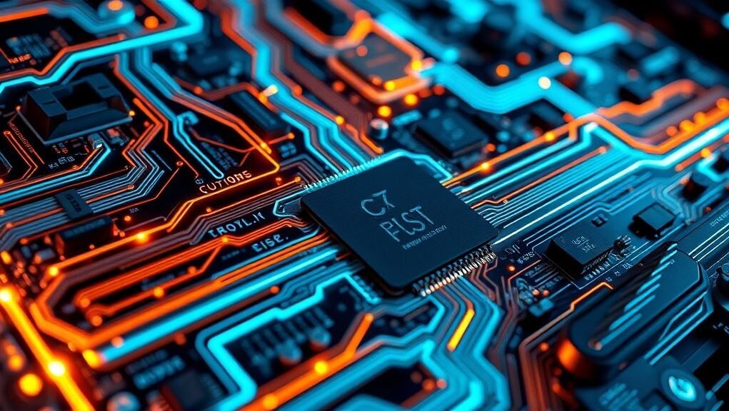 A sleek, futuristic motherboard or circuit board with glowing lines representing data flow and power efficiency, symbolizing advanced power efficiency design. The image should convey innovation and intricate technology, with a focus on optimized energy pathways.