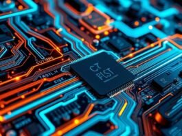 A sleek, futuristic motherboard or circuit board with glowing lines representing data flow and power efficiency, symbolizing advanced power efficiency design. The image should convey innovation and intricate technology, with a focus on optimized energy pathways.