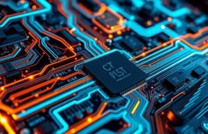 Advanced Power Efficiency Design: Latest Innovations A sleek, futuristic motherboard or circuit board with glowing lines representing data flow and power efficiency, symbolizing advanced power efficiency design. The image should convey innovation and intricate technology, with a focus on optimized energy pathways.