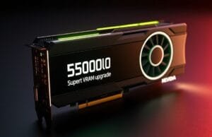RTX 5000 Super VRAM upgrade: 50% Boost Confirmed? A sleek, futuristic NVIDIA GeForce RTX 5000 Super series graphics card concept, prominently displaying "RTX 5000 Super VRAM upgrade" on its heatsink or packaging. The card is glowing with subtle, futuristic lights, emphasizing its next-gen capabilities and powerful VRAM.