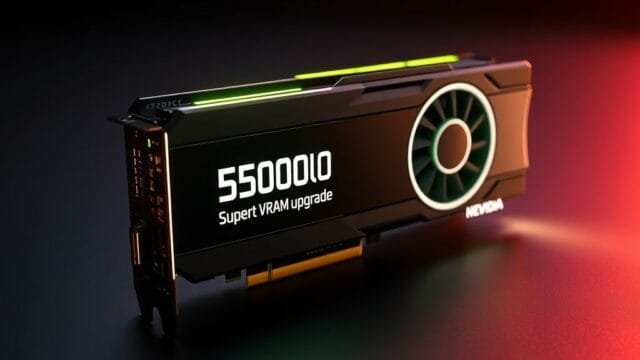 RTX 5000 Super VRAM upgrade: 50% Boost Confirmed? A sleek, futuristic NVIDIA GeForce RTX 5000 Super series graphics card concept, prominently displaying "RTX 5000 Super VRAM upgrade" on its heatsink or packaging. The card is glowing with subtle, futuristic lights, emphasizing its next-gen capabilities and powerful VRAM.