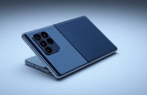 Galaxy Z Fold 7 Camera Design: 200MP & Thinner Unfold A sleek, futuristic Samsung Galaxy Z Fold 7 smartphone, prominently displaying its innovative camera module on the rear. The phone is shown partially folded, revealing its slim profile, with a focus on the advanced Galaxy Z Fold 7 Camera Design. The 200MP main sensor should be clearly visible and highlighted, in a photorealistic, high-detail style.