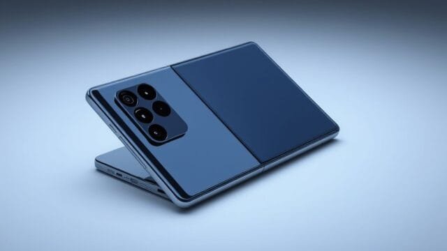 Galaxy Z Fold 7 Camera Design: 200MP & Thinner Unfold A sleek, futuristic Samsung Galaxy Z Fold 7 smartphone, prominently displaying its innovative camera module on the rear. The phone is shown partially folded, revealing its slim profile, with a focus on the advanced Galaxy Z Fold 7 Camera Design. The 200MP main sensor should be clearly visible and highlighted, in a photorealistic, high-detail style.