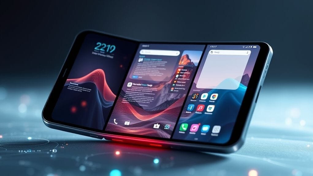 A sleek, futuristic tri-fold smartphone unfolded to reveal a large, seamless display, with a glowing digital interface. The background is a soft, blurred technological landscape, emphasizing the "tri-fold smartphone evolution." The device shows multiple app windows open, showcasing its multitasking capabilities.
