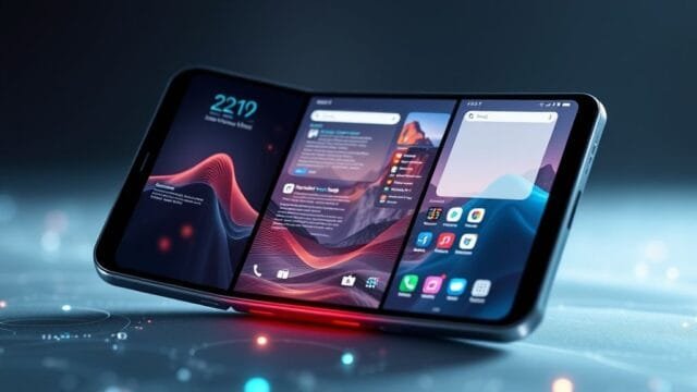 tri-fold smartphone evolution: Next-Gen Foldables Unpacked A sleek, futuristic tri-fold smartphone unfolded to reveal a large, seamless display, with a glowing digital interface. The background is a soft, blurred technological landscape, emphasizing the "tri-fold smartphone evolution." The device shows multiple app windows open, showcasing its multitasking capabilities.