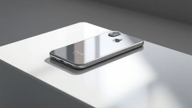 iPhone Air ultra-thin: Apple’s Thinnest Smartphone Ever A sleek, high-angle photorealistic render of the iPhone Air ultra-thin in a new, sophisticated metallic color, resting on a minimalist surface, with its impossibly slim 5.6mm profile prominently visible, catching reflections of soft studio lighting. It embodies cutting-edge design and engineering.