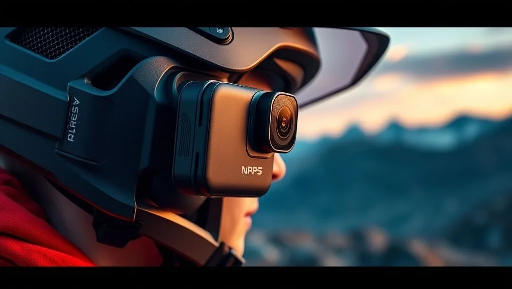 A sleek, modern **advanced earbud action cam** mounted on a helmet, capturing a high-resolution outdoor adventure scene with vibrant colors and sharp details, showing the camera's compact design and the dynamic environment.