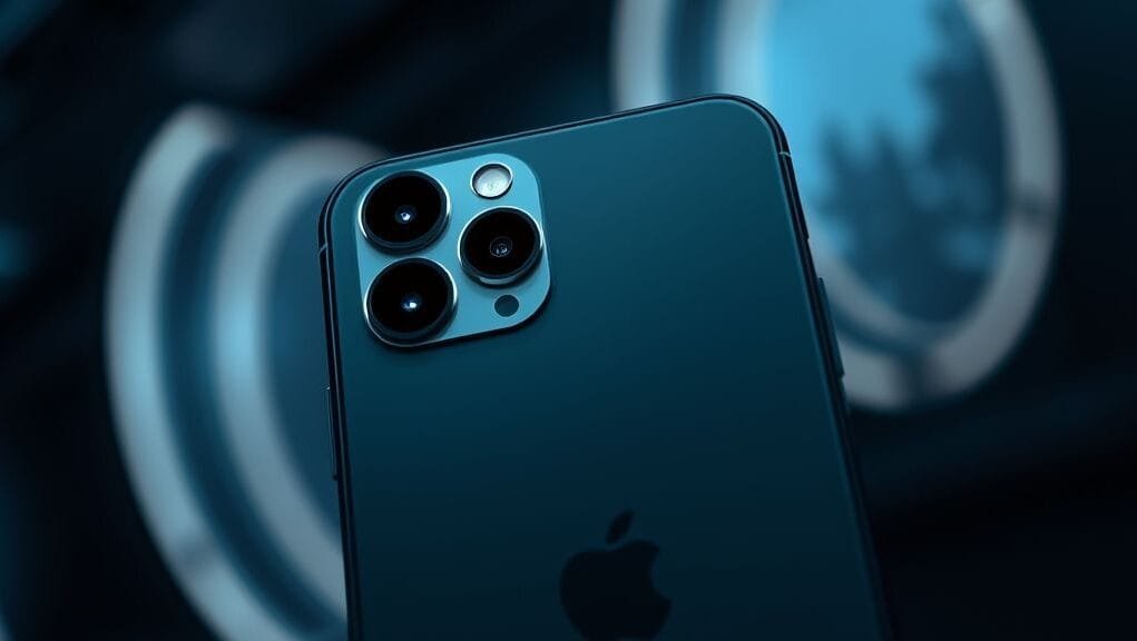 A sleek, modern iPhone 17 with its front-facing camera prominently displayed, surrounded by subtle digital light effects emanating from the camera module, illustrating the advanced iPhone 17 Center Stage Camera technology in a futuristic setting.