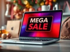 Best Seasonal MacBook Deals: Your Ultimate Buying Guide A sleek, modern MacBook Air with a vibrant screen displaying a "Mega Sale" banner. Around it are subtly blurred elements of seasonal shopping, such as autumn leaves, holiday decorations, and back-to-school supplies, all conveying the idea of the "best seasonal MacBook deals". The lighting is bright and inviting.