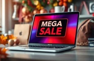 Best Seasonal MacBook Deals: Your Ultimate Buying Guide A sleek, modern MacBook Air with a vibrant screen displaying a "Mega Sale" banner. Around it are subtly blurred elements of seasonal shopping, such as autumn leaves, holiday decorations, and back-to-school supplies, all conveying the idea of the "best seasonal MacBook deals". The lighting is bright and inviting.