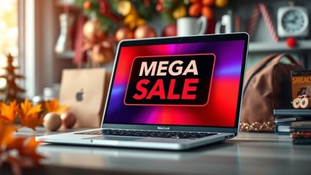 Best Seasonal MacBook Deals: Your Ultimate Buying Guide A sleek, modern MacBook Air with a vibrant screen displaying a "Mega Sale" banner. Around it are subtly blurred elements of seasonal shopping, such as autumn leaves, holiday decorations, and back-to-school supplies, all conveying the idea of the "best seasonal MacBook deals". The lighting is bright and inviting.