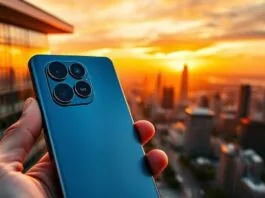 A sleek, modern smartphone held by a hand, showcasing its triple-camera setup on the back, with the ultra-wide lens prominently highlighted. The lens has a subtle digital overlay indicating '48MP'. In the background, a vibrant, expansive cityscape at golden hour, demonstrating the wide field of view and high detail captured by mainstream 48MP ultrawide cameras. The image should convey advanced technology and stunning photographic capability.