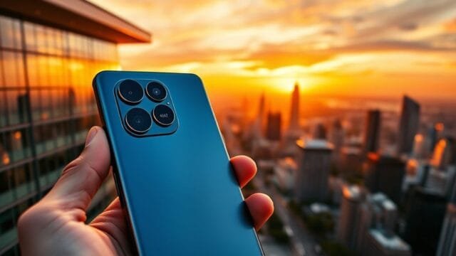 Mainstream 48MP Ultrawide Cameras: Why They’re Everywhere A sleek, modern smartphone held by a hand, showcasing its triple-camera setup on the back, with the ultra-wide lens prominently highlighted. The lens has a subtle digital overlay indicating '48MP'. In the background, a vibrant, expansive cityscape at golden hour, demonstrating the wide field of view and high detail captured by mainstream 48MP ultrawide cameras. The image should convey advanced technology and stunning photographic capability.