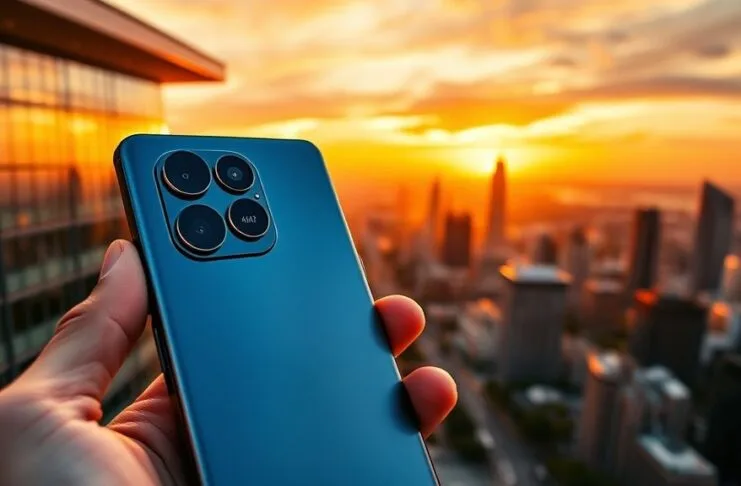 A sleek, modern smartphone held by a hand, showcasing its triple-camera setup on the back, with the ultra-wide lens prominently highlighted. The lens has a subtle digital overlay indicating '48MP'. In the background, a vibrant, expansive cityscape at golden hour, demonstrating the wide field of view and high detail captured by mainstream 48MP ultrawide cameras. The image should convey advanced technology and stunning photographic capability.