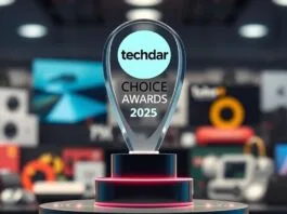 A sleek, modern trophy with the TechRadar logo, symbolizing the TechRadar Choice Awards 2025 insights, placed on a futuristic pedestal against a blurred background of various tech products.