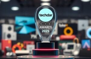 TechRadar Choice Awards 2025 insights: Your Guide to Winners A sleek, modern trophy with the TechRadar logo, symbolizing the TechRadar Choice Awards 2025 insights, placed on a futuristic pedestal against a blurred background of various tech products.