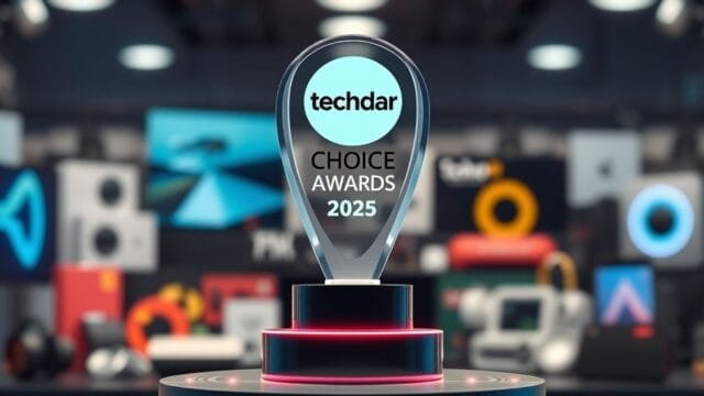 TechRadar Choice Awards 2025 insights: Your Guide to Winners A sleek, modern trophy with the TechRadar logo, symbolizing the TechRadar Choice Awards 2025 insights, placed on a futuristic pedestal against a blurred background of various tech products.