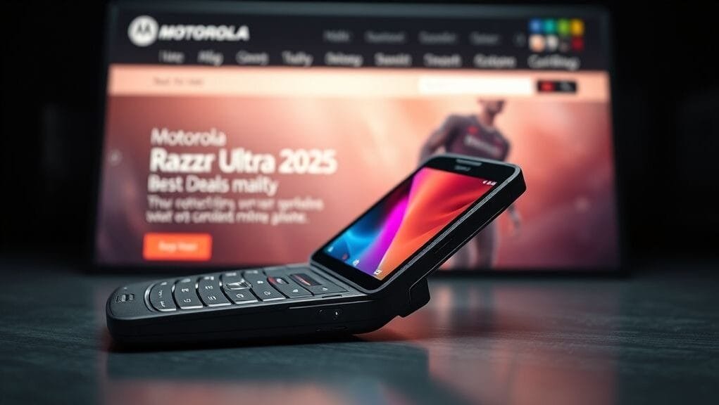 A sleek, open Motorola Razr Ultra (2025) displaying its vibrant inner screen, with a blurred background of the Motorola website highlighting Razr Ultra 2025 best deals.