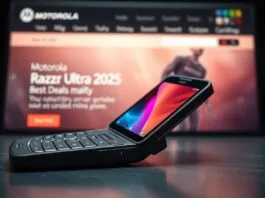 A sleek, open Motorola Razr Ultra (2025) displaying its vibrant inner screen, with a blurred background of the Motorola website highlighting Razr Ultra 2025 best deals.