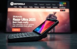 Razr Ultra 2025 best deals: Record-Low Prices Today! A sleek, open Motorola Razr Ultra (2025) displaying its vibrant inner screen, with a blurred background of the Motorola website highlighting Razr Ultra 2025 best deals.