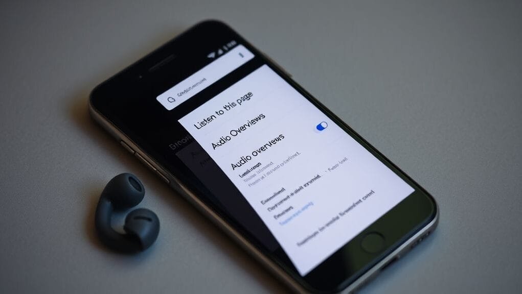A smartphone screen showing the Chrome browser with the "Listen to this page" menu open, highlighting the new "Audio Overviews" toggle, part of the **Google Chrome audio overviews** feature. A pair of wireless earbuds are visible beside the phone.