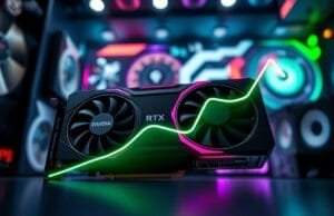 RTX 5000 Price Drops: What’s Driving GPU Cost Reductions? A stylized, eye-level shot of a high-performance NVIDIA RTX 5000 series graphics card (e.g., a sleek, black model with RGB accents) with a downward trending graph overlayed, illustrating significant RTX 5000 price drops. The background is a blurred, futuristic PC gaming setup. The overall tone is dynamic and exciting, signifying a positive market shift for consumers.