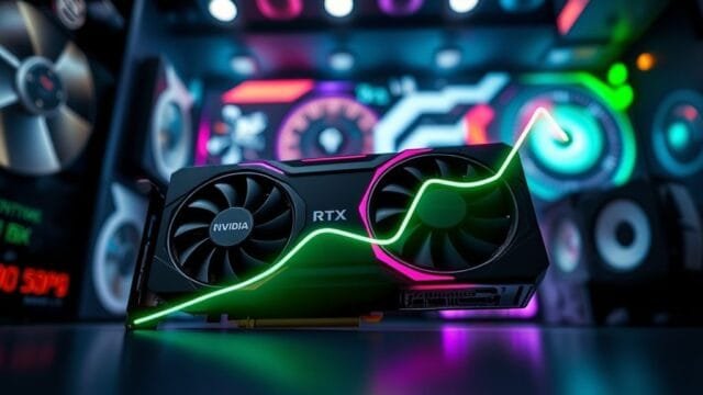 RTX 5000 Price Drops: What’s Driving GPU Cost Reductions? A stylized, eye-level shot of a high-performance NVIDIA RTX 5000 series graphics card (e.g., a sleek, black model with RGB accents) with a downward trending graph overlayed, illustrating significant RTX 5000 price drops. The background is a blurred, futuristic PC gaming setup. The overall tone is dynamic and exciting, signifying a positive market shift for consumers.