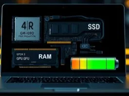 A stylized graphic showing laptop components: CPU, GPU, RAM, SSD, and a battery icon with a long life bar.